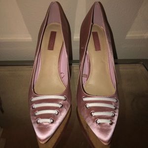 Soft blush silk with white lace heels